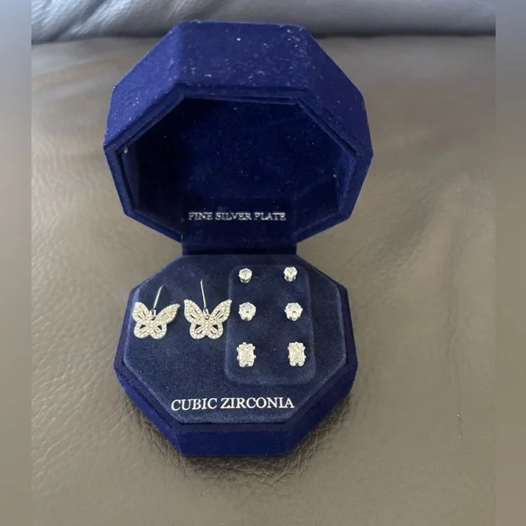 Cubic Zirconia Silver-Plated Butterfly & Stud Earring Set - Picture 3 of 6